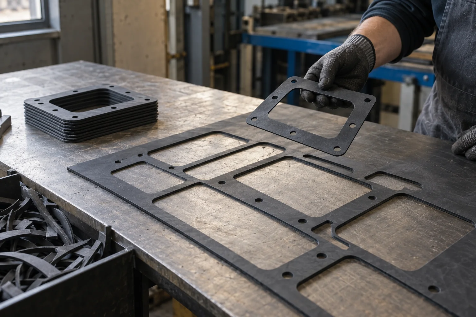 Illustrative production scene showing flat gaskets, a cut sheet and remaining material